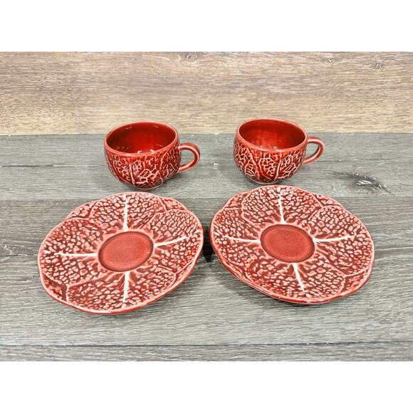 1950s Secla Majolica Portugal Secla Deep Red Cabbage Leaf Cup & Saucer Set Of 2 - Picture 4 of 11